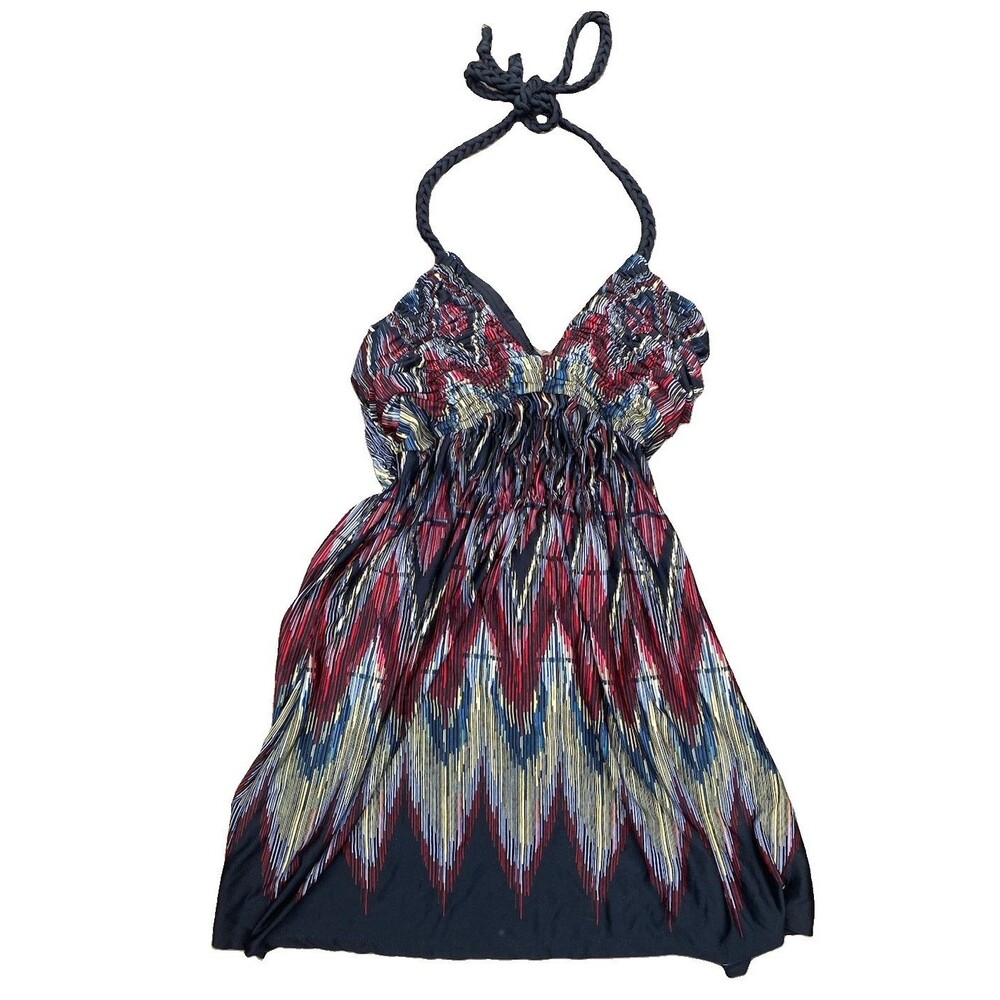 My Michelle Colorful Braid Halter Dress Jrs Size Small Vneck Ruched Resort Mini